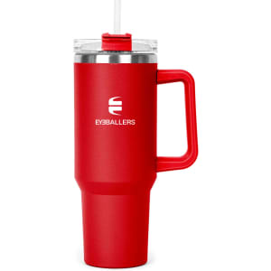 A drink bottle in vibrant red with a stainless steel lid and a handle, featuring a logo.