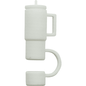 A drink bottle in white with a handle and a spout, featuring a logo. Ideal for hydration on the go.