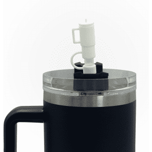 A drink bottle featuring a black exterior, clear lid, and a white nozzle, along with a handle and logo.