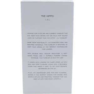 A drink bottle in a white box, featuring a logo, designed for style and insulation.