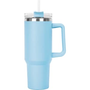 A drink bottle in light blue with a stainless steel rim and a clear lid featuring a straw.
