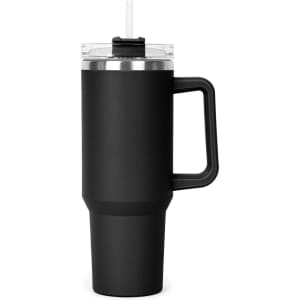 A drink bottle featuring a matte black finish, a clear lid, and a straw, with a sturdy handle for easy carrying.