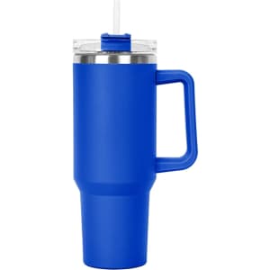 A drink bottle in vibrant blue, featuring a handle, straw, and a clear lid, with a metallic accent.