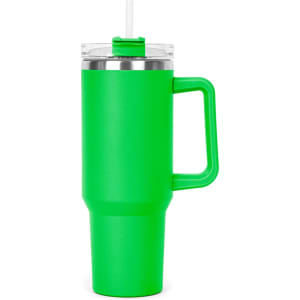 A drink bottle in bright green with a transparent lid and straw, featuring a sturdy handle and metallic accents.