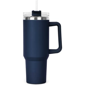 A drink bottle in navy blue with a clear lid, straw, and a sturdy handle. It has a sleek design and a logo.