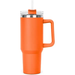 A drink bottle in bright orange with a clear lid and straw, featuring a sturdy handle and a sleek design.