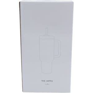 A drink bottle in a white box, featuring a minimalistic design and a handle. It has a logo on the packaging.