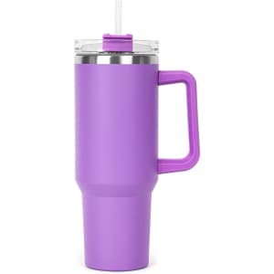 A drink bottle in a vibrant purple colour, featuring a transparent lid and a straw. Includes a handle for easy carrying.