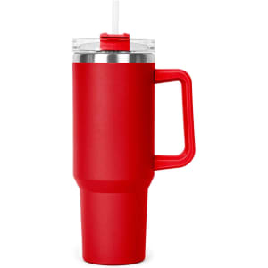 A drink bottle in vibrant red with a clear lid and straw, featuring a sturdy handle and a sleek design.