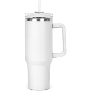 A drink bottle in white with a clear lid and straw, featuring a sturdy handle and a sleek design.