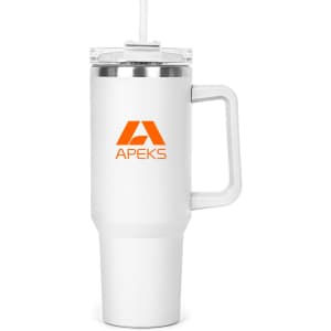 A drink bottle in white with a clear lid and straw, featuring a logo. It has a sturdy handle for easy carrying.
