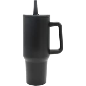 A drink bottle in matte black, featuring a handle and a spout, designed as a tumbler. It includes a logo.