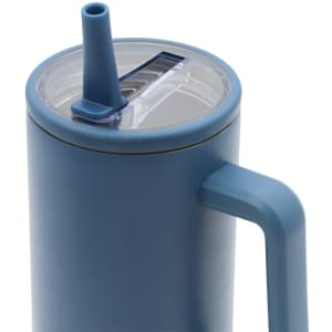 A drink bottle in blue with a clear lid and built-in straw, featuring a handle and branding.