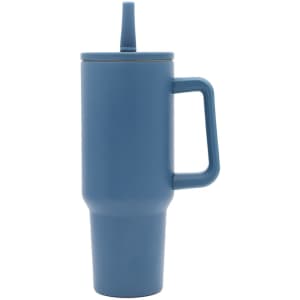 A drink bottle with a blue finish, featuring a handle, straw, and a logo. Ideal for hydration on the go.