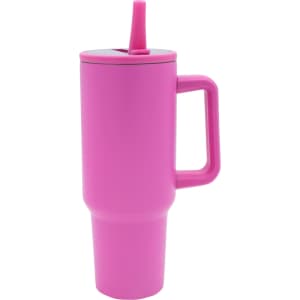 A drink bottle in vibrant pink, with a handle and a straw, designed for easy hydration. It has a logo on the side.