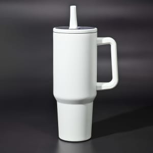 A drink bottle in white with a handle and a straw, designed as a tumbler for beverages.