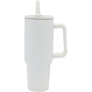 A drink bottle with a white finish, featuring a handle and a lid with a straw, has a logo on the side.