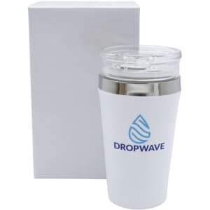 A drink bottle featuring a white exterior with a stainless steel base and a clear lid, packaged in a plain box.