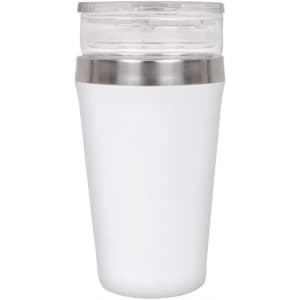 A drink bottle in white with a transparent lid and stainless steel band, featuring a logo.