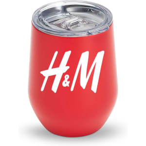 A drink bottle featuring a glossy red finish with a clear, removable lid and a logo.