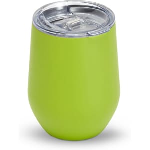 A drink bottle with a vibrant green finish and a clear lid, designed for use as a tumbler.