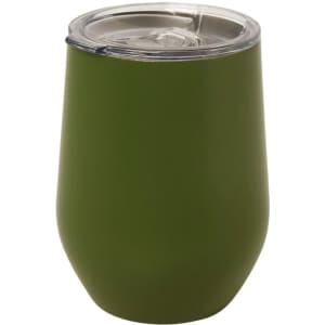 A drink bottle in matte olive green with a clear lid, designed for beverages. It has a logo on the surface.