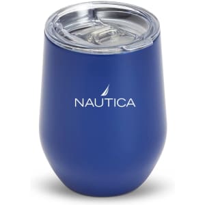 A blue travel mug with a clear lid and a logo. It has a sleek, curved design suitable for beverages.