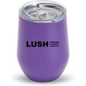 A purple drink tumbler with a clear lid and a logo on the front.