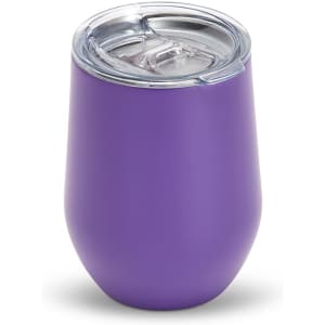 A purple drink mug with a clear lid, featuring a sleek mirror finish design. It has a logo on the side.