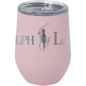 A drink bottle in pink with a transparent lid, featuring a logo on the front. Suitable for beverages.