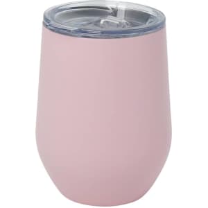 A pink Zen Mirror Finish Mug with a clear lid, designed for drinks. Features a sleek, modern shape and has branding.