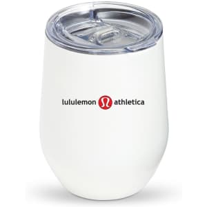 A white drink tumbler with a clear lid, featuring a logo on the front.