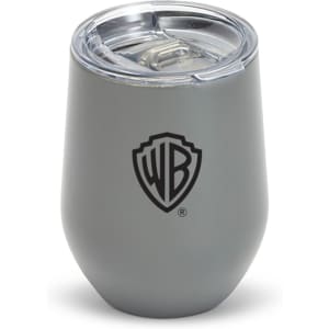 A drink mug in grey with a clear lid, featuring a logo on the side. Ideal for beverages.