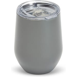 A grey Zen Mirror Finish mug with a clear lid, designed for beverages, featuring a sleek, modern shape.
