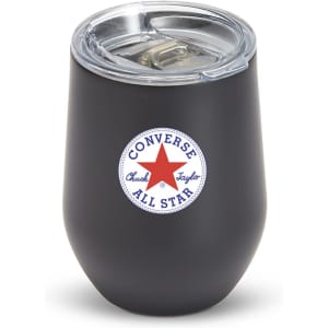 A drink mug in matte black with a transparent lid and a logo. It has a rounded shape suitable for beverages.