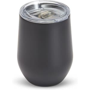 A drink bottle with a black matte finish and a clear lid, featuring a logo. Ideal for beverages.