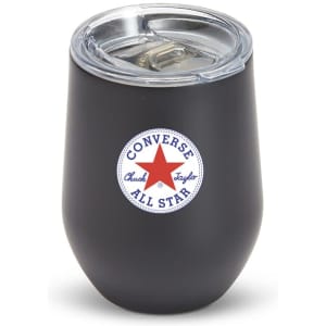A drink bottle in matte black with a transparent lid and a logo. It features a rounded bottom and holds 350mL.