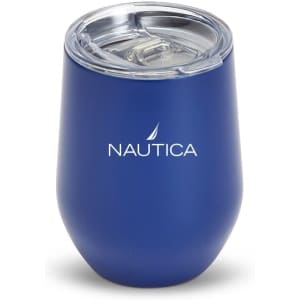 A drink bottle with a navy blue finish and a clear lid, featuring a logo on the front.