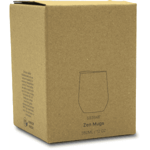 A packaging box for Zen Mirror Finish Mugs, featuring a simple design and text. The box is brown and made of cardboard.