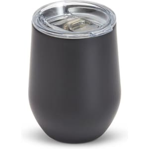 A drink mug with a zen mirror finish in black, featuring a clear lid and a rounded design.