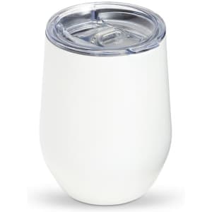 A drink mug in a glossy white finish, featuring a clear lid, designed for beverages.