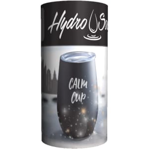 A drink bottle featuring a sleek black design with a transparent lid and a logo. Contains graphics of stars and water.