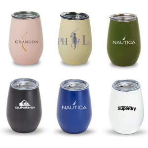 A set of six plastic tumblers in various colours: pink, olive green, black, blue, and white, each with a lid and logo.