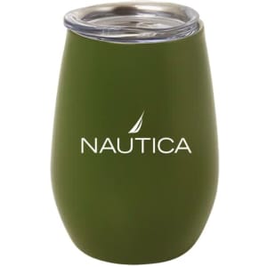 A drink cup in olive green with a stainless steel lid and a logo on the front.