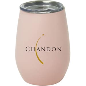 A drink bottle in a soft pink colour with a stainless steel lid and a logo. Ideal for beverages.