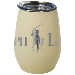 A drink bottle in pale yellow, featuring a metal lid and a logo, designed for beverages.