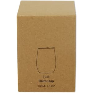 A brown cardboard box containing a 230mL Calm Cup, featuring a simple design and a logo.