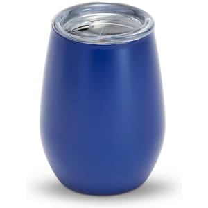 A drink bottle in a deep blue colour with a clear lid, featuring a smooth surface and a rounded shape.