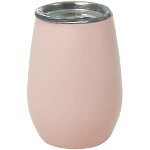 A drink bottle in a soft pink colour with a stainless steel rim and a logo on the surface.