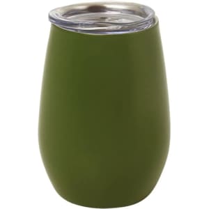 A drink bottle in matte olive green with a silver lid, designed as a tumbler for beverages. It has a logo on it.